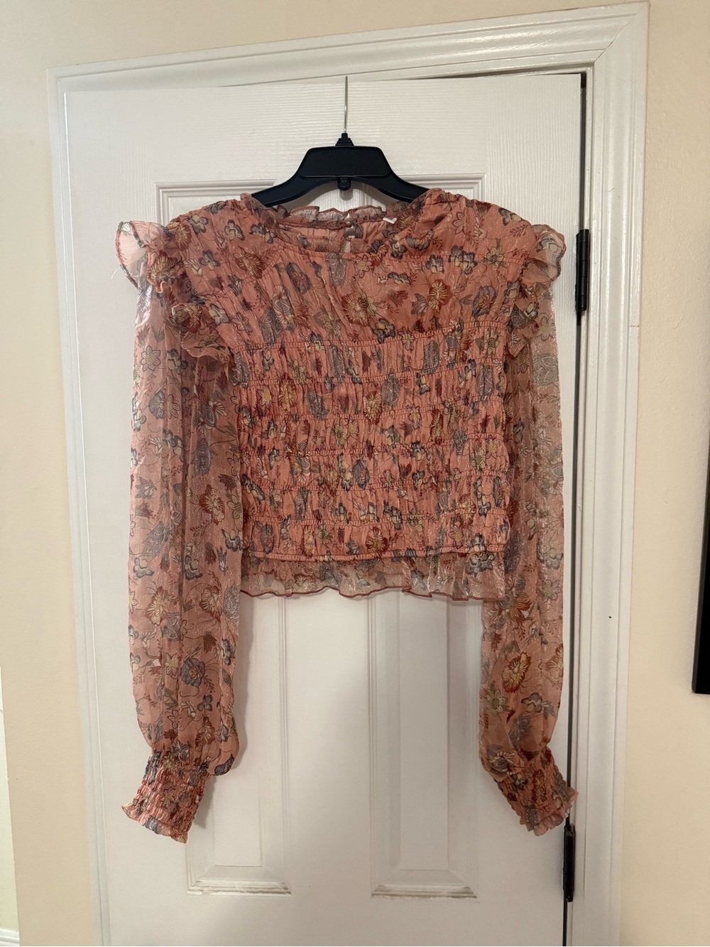 Sheer Floral Peasant Blouse - Pink